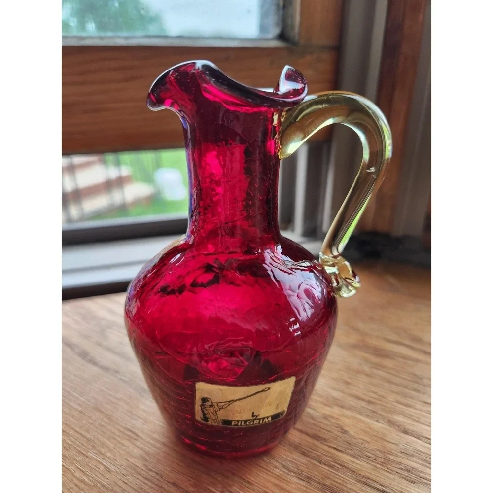 Vtg Pilgrim Handmade Crackle Ruby Red‎ Glass Gold Handled Pitcher Vase Sticker